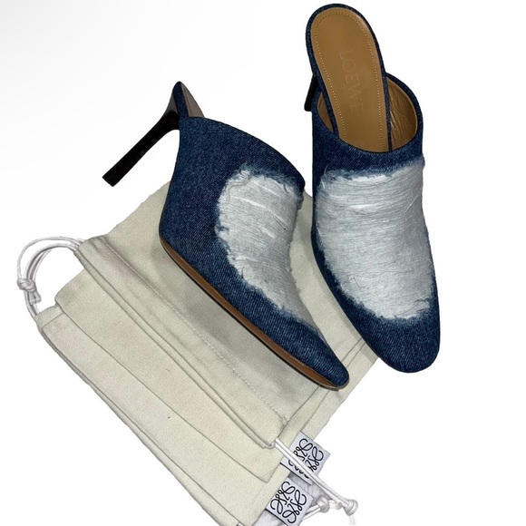 LOEWE Denim Clog Mules Blue White Heels Distressed Jeans Boho EU 40 US 10 new - Picture 5 of 12